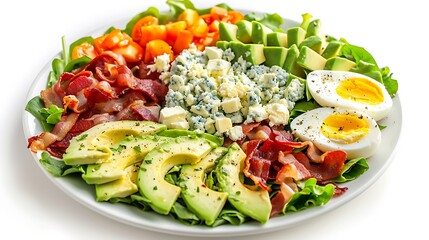Chef Cobb salad with avocado, bacon, blue cheese, and hard-boiled eggs isolated on white.