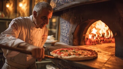 A skilled chef carefully pulls a freshly made pizza from a wood fired oven capturing the essence of Italian cuisine.