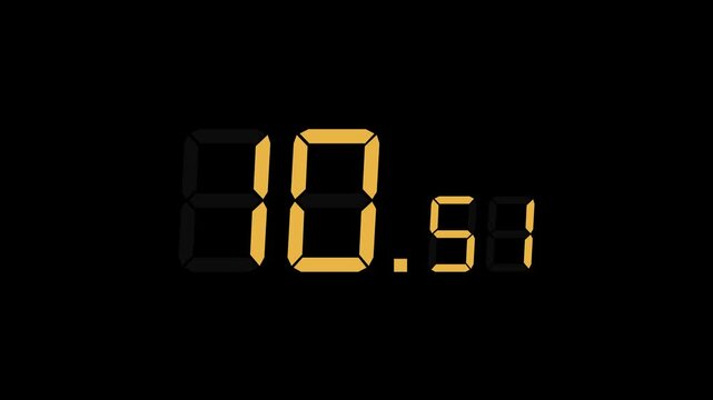 15.00 seconds digital countdown timer with large seconds and small milliseconds. Matte yellow digits on black background. Stopwatch-style timer for sports, games, and more.