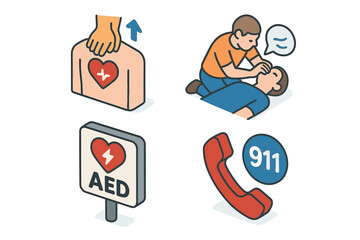 Cpr and aed emergency response icons with 911 call symbol