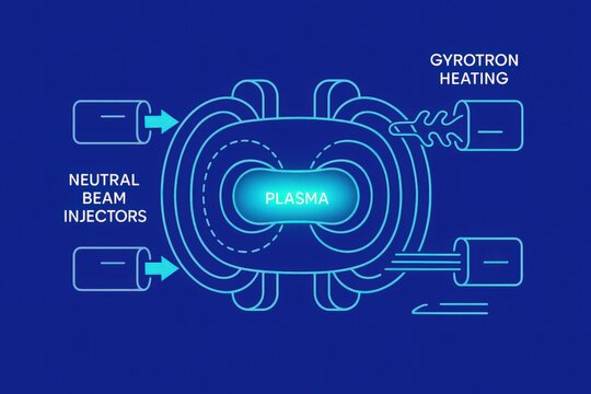 Visual representation of plasma confinement using neutral beam injectors and gyrotron heating techniques showcasing intricate design and advanced engineering principles for fusion technologies