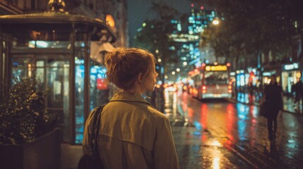 Fototapeta premium A person walks in a rainy city at night surrounded by colorful lights and city sounds.