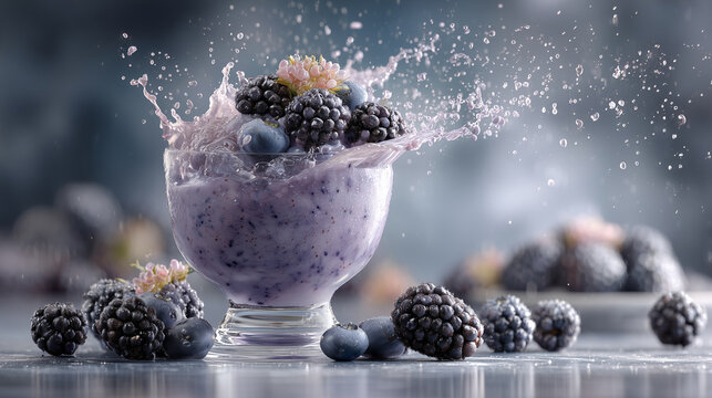 Blaubeer-Smoothie mit Brombeeren und Granola-Splash, kreative Foodfotografie in k&uuml;hlen Farbt&ouml;nen