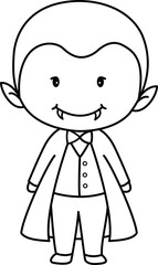 Cute halloween outline clipart of little vampire with fangs wearing cape and bow tie smiling happily in simple style