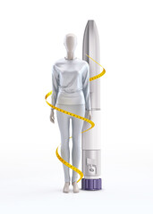 Weight loss. Mounjaro injection pen, GLP-1. Medical treatment for obesity, weight management, body transformation, fat reduction, calorie control. Overweight vs slim, wellness motivation. 3D concept