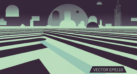 Futuristic city skyline rendered in a retro-futuristic vector art style with geometric shapes and a vast, striped landscape