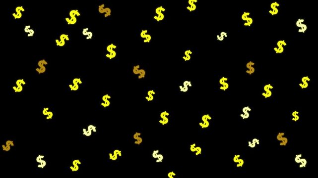 Glowing gold dollar symbol pattern animation on a black background. The symbols gently rotate and subtly scale in and out randomly at intervals. Representing luxury, wealth, and prosperity.