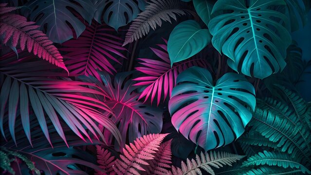 Vibrant tropical jungle foliage illuminated with neon pink and turquoise lighting creating a mystical atmosphere