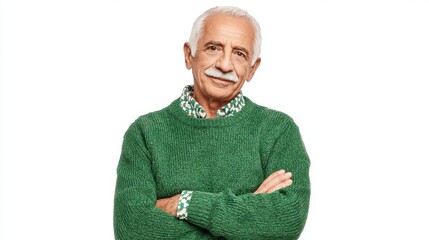 An older gentleman stands with arms crossed smiling warmly in a vibrant green sweater.