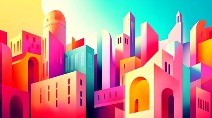 A vibrant artistic representation of a city with a unique colorful skyline, capturing the architectural charm and artistic flair