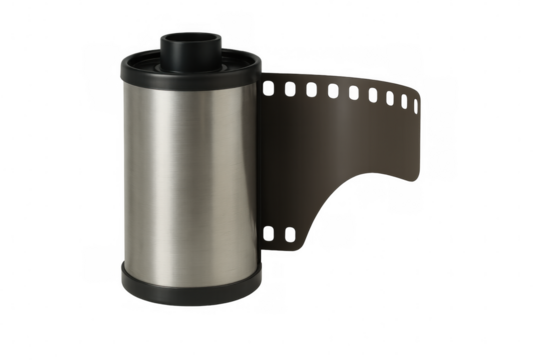 35mm film roll emerging from silver canister, classic analog photography, capturing vintage memories
