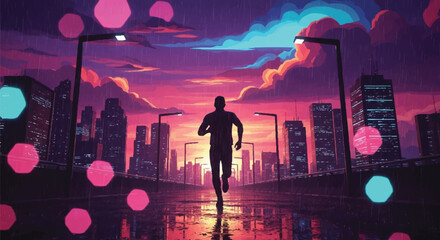 Urban Sunset Run Silhouette of a Runner Against Cityscape at Dusk