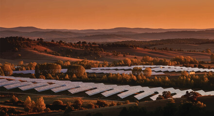 Solar farm panels capturing energy at sunset against rolling hills in a rural environment