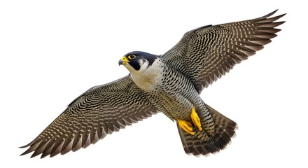 A peregrine falcon with wings spread wide, isolated on a white background, in a flying pose.