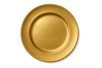 Golden empty charger plate showcasing luxury tableware, elegant round metallic dish, top view. Isolated on transparent background