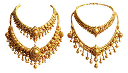 Two ornate luxury gold necklace sets isolated on transparent background (2)