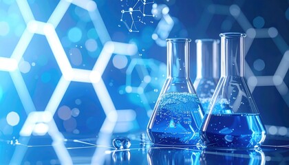 Beakers with blue liquid stand against a blurred hexagonal blue background, a visual representation of science