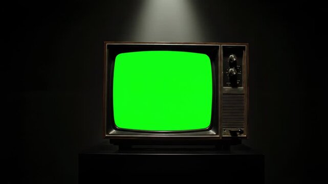 An oldfashioned, vintage television set with a bright green screen, placed on a pedestal in a dark room with a spotlight shining on it, ready for content insertion