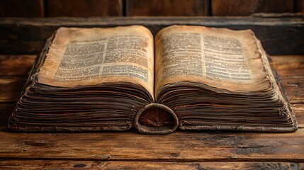 Obraz premium Antique book open, wooden table, rustic background, history study