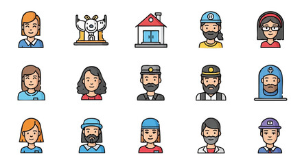 A diverse collection of colorful vector avatar icons, featuring various professional and personal character portraits for user interface design