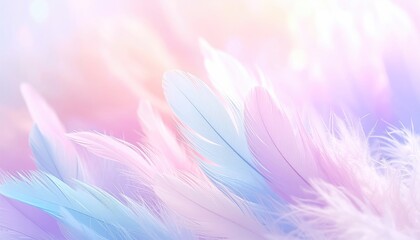 Obraz premium Soft pastel feathers in a bokeh blur; delicate and ethereal, with blue, pink, and lavender tones
