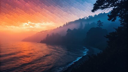 Misty mountain lake at sunset with vibrant sky