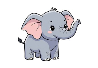 Naklejka premium Cute baby elephant cartoon character isolated on white background, standing and smiling with its trunk up, adorable and playful