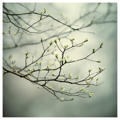 Obraz premium Delicate spring buds unfurling on graceful tree branches, evoking a sense of renewal, peace, and the promise of new beginnings in a tranquil natural setting