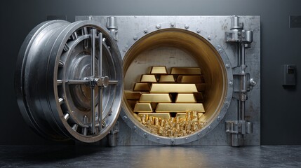 Safe vault door open with gold bars and cash inside