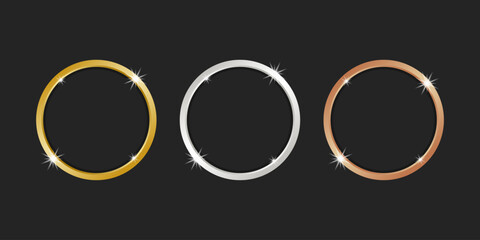 A set of round frames made of gold, silver and bronze. Thin metal rings for decoration of medals or awards. Blank glossy buttons or stamps on a black background. Vector illustration