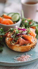 Fresh Gourmet Sandwich With Greens and Colorful Toppings on a Light Plate