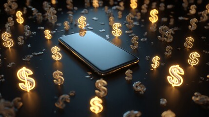 Digital banking background with smartphone glowing and floating dollar icons