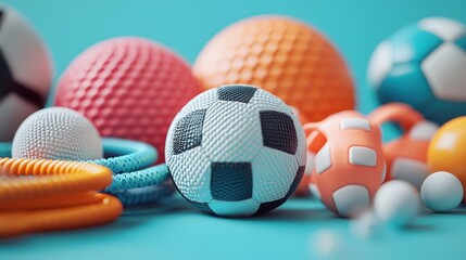 Colorful sports balls and equipment on blue background; fitness, recreation, play