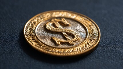 Close up of golden coin with dollar symbol on dark surface