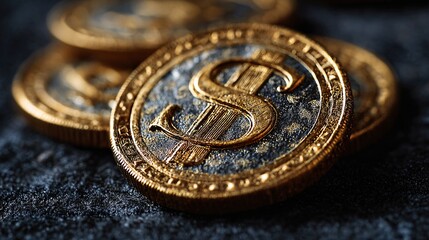 Close up of golden coin with dollar symbol on dark surface