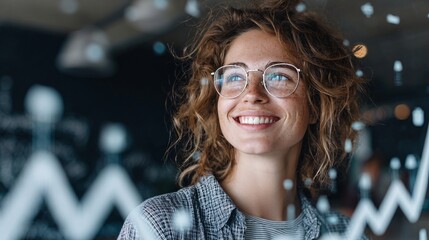 Entrepreneur woman smiling with digital graphs overlay in background
