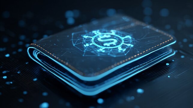 Futuristic financial technology with glowing holographic wallet icon