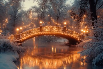Snow-covered bridge over river.