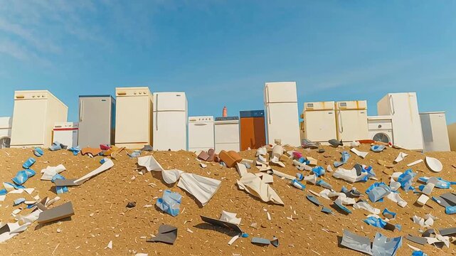 Large broken washing machines and refrigerators scattered on junkyard ground under blue sky, camera pans across debris of old appliances left outdoors
