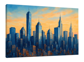 Expansive canvas art featuring a city skyline, perfect for loft living.