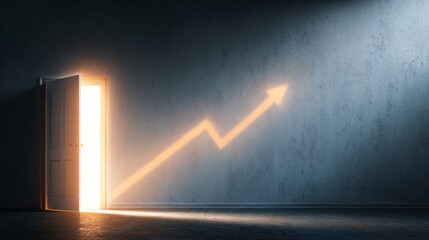Economic opportunity concept with open door and rising arrow light