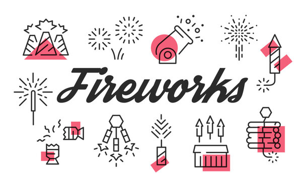 Fireworks poster. Fireworks poster design with Rocket, Sparkler, Firecracker, Cannon, Explosion icons. Simply poster for presentations, covers. Banner template. Vector illustration.