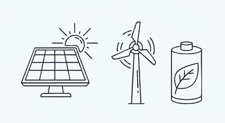 Solar panel, wind turbine, and battery icons representing renewable energy sources and storage