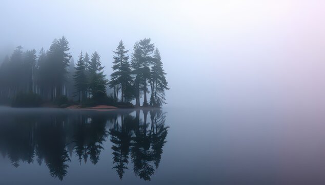 Foggy lake reflecting trees in the water on a misty morning landscape