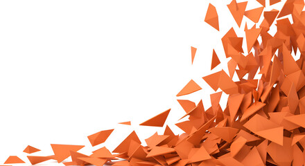 Dynamic orange triangular shards explode and scatter across a pristine white background, creating an abstract geometric composition with vibrant energy and modern design appeal.