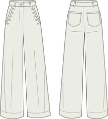 High waist wide-leg pants fashion flat, sailor style, button front closure, patch pockets, front and back technical sketch, garment design, vector illustration