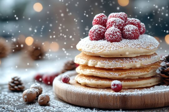Stack of pancakes topped with raspberries and powdered sugar. - Powered by Adobe