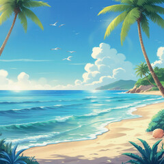 Sunny Coastal Landscape – Peaceful Seaside with Clear Skies and Seagulls