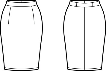 Pencil skirt fashion sketch vector, waistband, vertical darts, center back seam, fitted silhouette, front and back view, garment design illustration