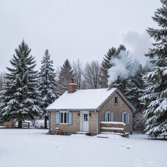 Cozy cottage with smoke rising from chimney in snowy forest  